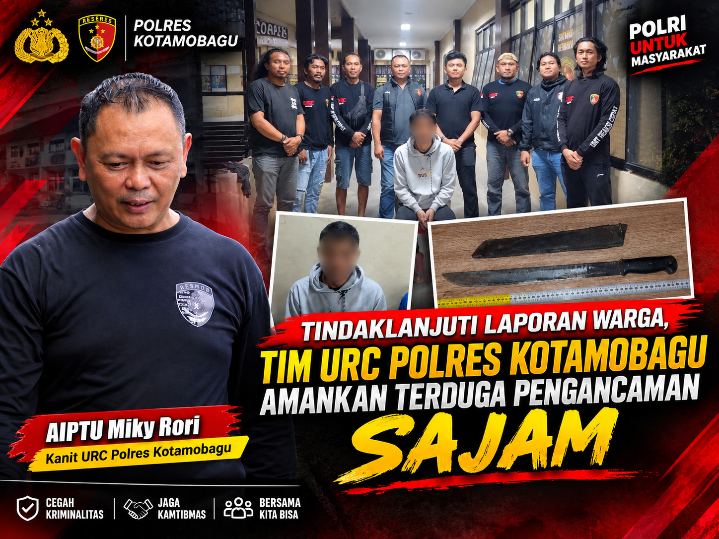 Tindaklanjuti Laporan Warga, Tim URC Polres Kotamobagu Amankan Terduga Pengancaman Sajam